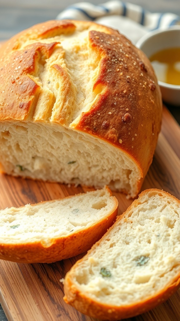 A golden-brown gluten-free bread loaf sliced on a wooden board, with a bowl of olive oil and herbs in the background.
